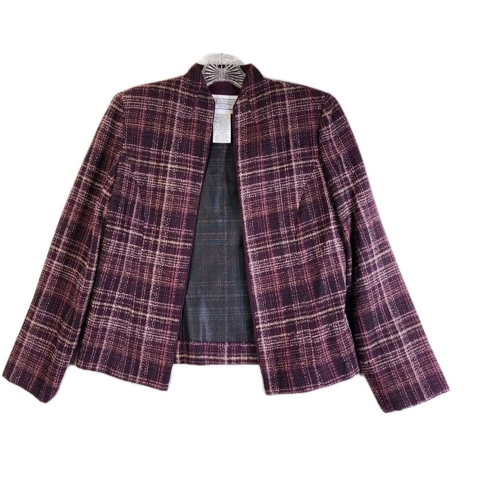 Jessica Howard Purple Plum Plaid Blazer Open Front 4 Petite Career Suit Jacket